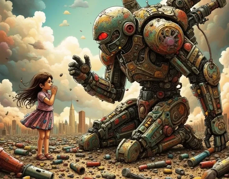 (masterpiece,top quality :1.2),(broken Gladiator of the robot),(a lot of lost parts),(short-circuit sparks),the robot is kneel down in front of one human girl, (the girl is crying and her hands covered her face),sunlight reflecting off the her teardrops,(t...