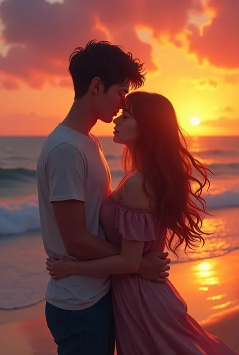 An image of two boyfriends hugging each other behind their backs the girl has long copper hair and the boy is taller than her they are watching the sunset on a beach on the horizon 