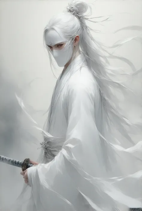 White eyes long white hair mask White eyes only white suit elegant white Japanese style white sword aura or mana pure Japanese painting