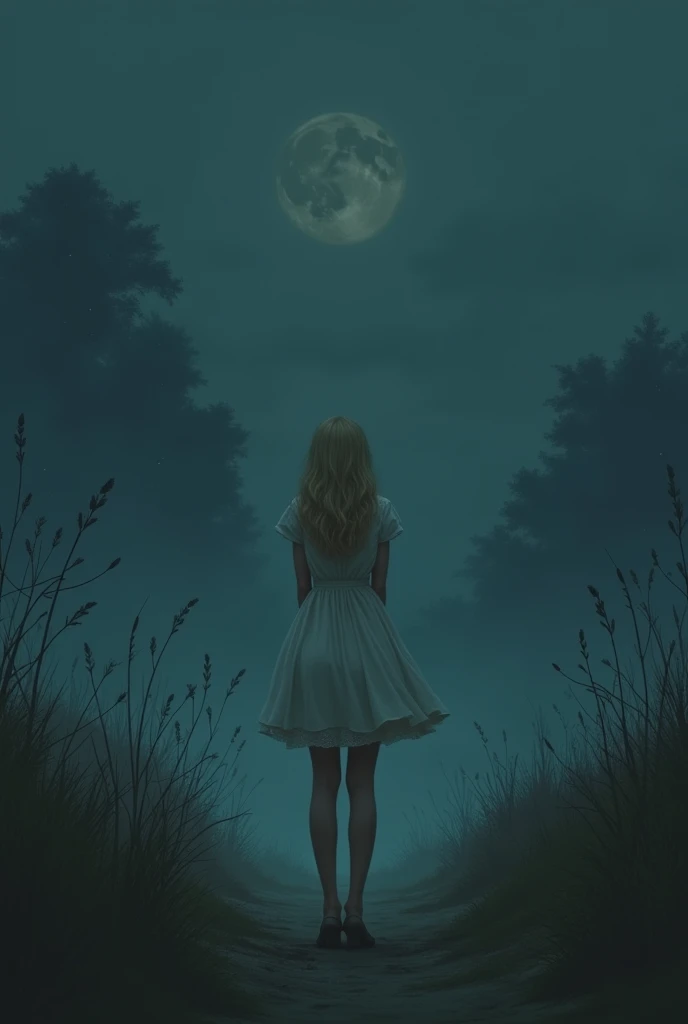 Create an album called Tennage Dream , with a design of a blonde girl who cant see her face but standing on her back in a short white dress is at night and you cant see the landscape clearly
