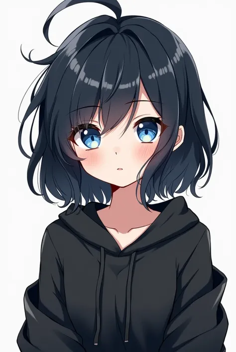 Crie uma personagem de cabelo cacheado preto e com uma mecha white na franja, white,  blue eyes,  black clothes , a cute and simple makeup , drawing style/anime, cabelo médio, corpo simples nada muito sexy 