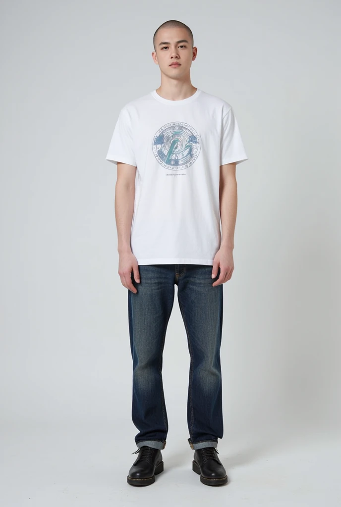  25 year old man ,  shaved hair, white t-shirt with picture , jeans, boots