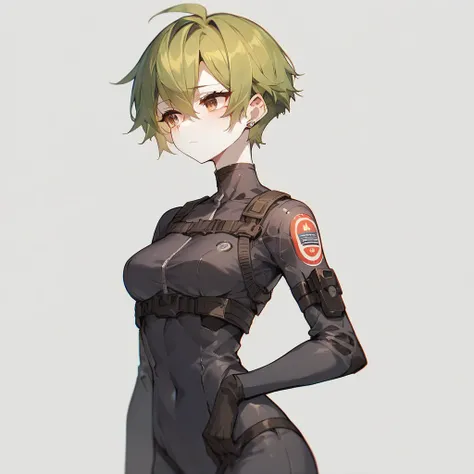 1woman, tall, white skin, Short black and green hair with one streak of red hair, brown eyes, indifferent expression, tight-fitting futuristic black combat suit, technology, slim build, anime style, white background