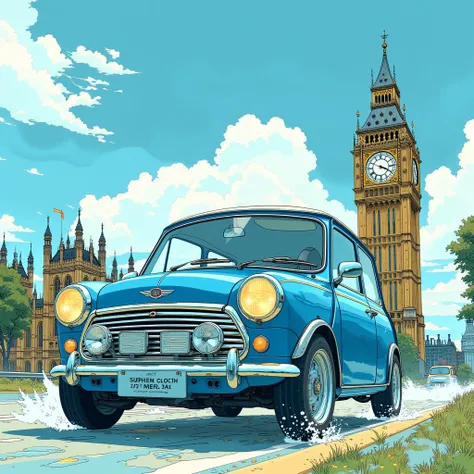 (  masterpiece  :1.2,  top quality),(  very detailed),  anime style,8k,16k,  wallpaper, The sky blue Vintage Mini Cooper is running Mt. Fuji,  blue sky,(England:2.0),(Big Ben:2.0)