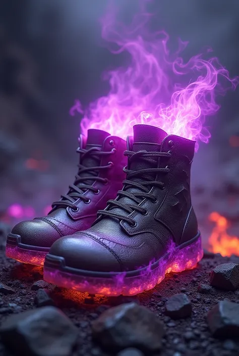  Make a picture of my shoes with fire-elemental features,  made of iron seeds from a very hot hell , has a purplish-purple fire aura 