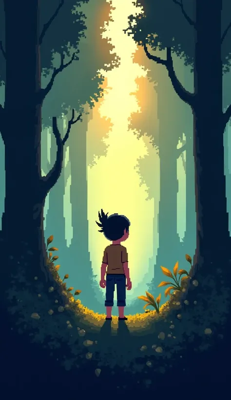 3d pixer cartoon pakistan:A person standing at the edge of a dark forest, with sunlight peeking through the trees in the distance, symbolizing hidden opportunities.