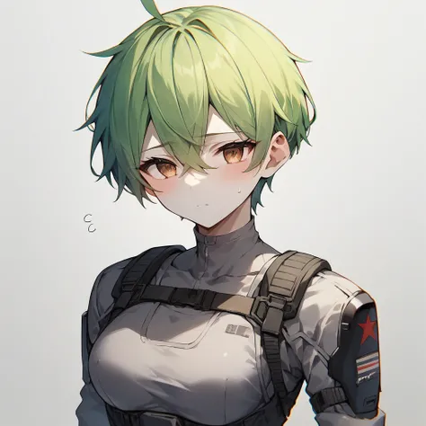 1woman, tall, white skin, short black and green hair with one streak of red hair, brown eyes, indifferent expression, tight-fitting futuristic black combat suit, technology, slim build, anime style, white background