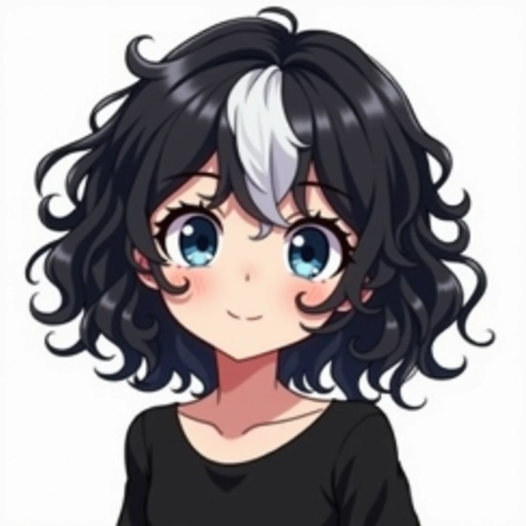  Create a character with curly black hair and a white section on the bangs, white,  blue eyes,  black clothes , a cute and simple makeup , drawing style/anime,  medium hair, simple body not very sexy ,  curly hair and a white patch on the bangs, com aproxi...