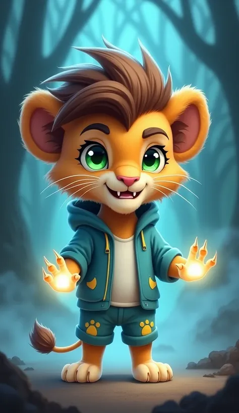 "A cartoonish and vibrant depiction of Ballu the lion, a  male lion cub, transformed into a ghostly avatar. Ballu’s oval face with rounded cheeks now has an eerie glow, and his thick, fluffy, flaky brown hair with dark brown streaks appears slightly dishev...