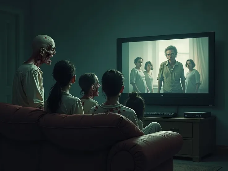 A zombified family of people sees people sitting in front of the TV on the couch,  In detail,  masterpiece fails,  high resolution , 