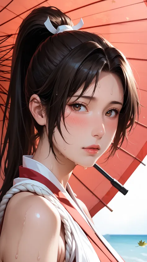 score_9,score_8_up,score_7_up,high res image,masterpiece,best quality,realistic,Mai Shiranui,(plump:1.7),(black pupil:1.2),(brown black hair:1.3),(High ponytail:1.3),(blush:1.3),(sweat:1.3),(from_side:1.3),(facing the camera:1.4),(umbrella:1.3),(cowboy_sho...