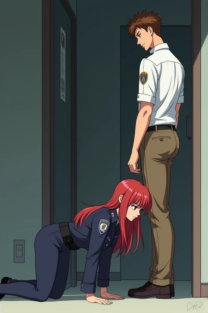 Tall and thin man,Standing, satisfied , young,  short brown hair  ,  looking down at a redhead on all fours on the floor crawling with hands and knees on the floor leaning forward crawling forward to him big breasts fitness female cop anime , in love,  in ...