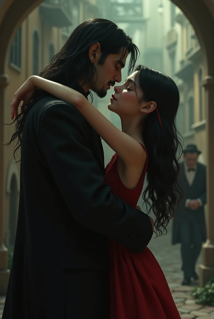 Create a movie poster but animated in 3D but with a lack of budget and that looks a little cheap: the animation where a vampire with long hair holds in his arms a 23-year-old girl with dark but smooth hair as if she were dying and in the background some mo...