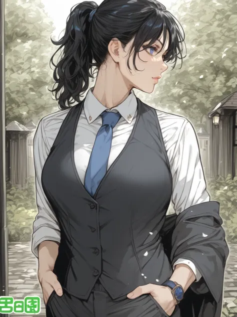 young woman with black hair, ponytail, blue eyes, tall and athletic, in a black suit, blue tie, classic pants, moccasin, in front of the gate, a dark mansion in the background, hand in pockets, sketch, realistic