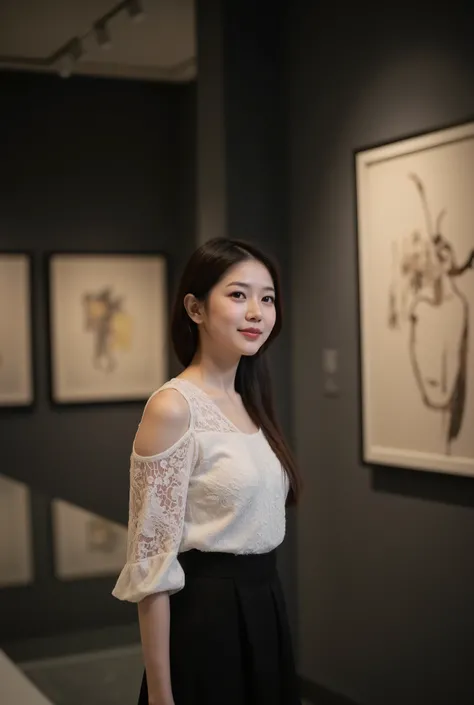 Set in an elegant art gallery, the Asian woman stands gracefully against charcoal gray walls that contrast with her attire. Dressed in an elegant white blouse adorned with an intricate lace pattern, she makes for sophistication and elegance, spotlights ill...