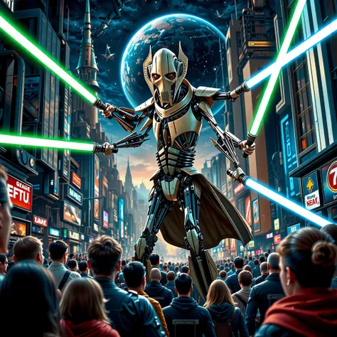 (top-masterpiece:1.2,ultra high-QUALITY,ultra high-details, Cinematic Experience ),( General Grievous from Star Wars ), (General Grievous 1:2.0), sharp-focus, complex fluid, lightsaber,( dynamic poses in a crowded store),(4本の lightsaberを構える:2.0),( in the b...