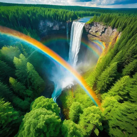 In the forest nature with a waterfall, a beautiful rainbow appears in a futuristic style and is seen from above.