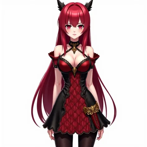  Anime character design , (( Full body )) (vista frontal) 

 girl with girl long and smooth crimson ,  with slightly wavy tufts at the tips .  big breasts .  She has a serene and mysterious expression , with big ruby eyes .  With black makeup on the eyes 
...