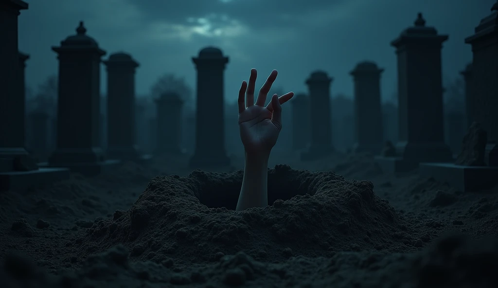  drawing a new grave in the grave ( muslim grave ) the night,  from inside the grave comes out a clean hand of a human  