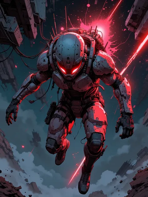 
 makes an image in the cyberpunk style ,  generates a warrior in a futuristic suit ,  the warrior is falling through space , The suit is worn out ,  the warrior is reflected a bright neon red light