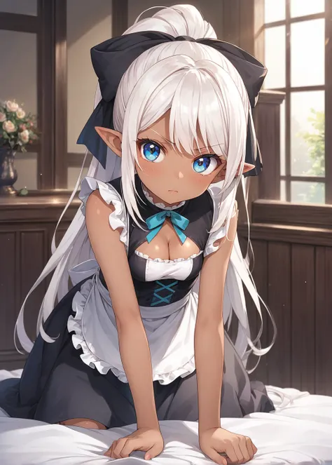 source_anime, best quality, masterpiece, (dark skin girl:1), loli, (white hair:1.3), bare shoulders, sleeveless, cleavage, bare arms, looking at viewer, black hair ribbon, cleavage cutout, (dark skin:1.3), choker, pointy ears, long hair, blue eyes, straigh...