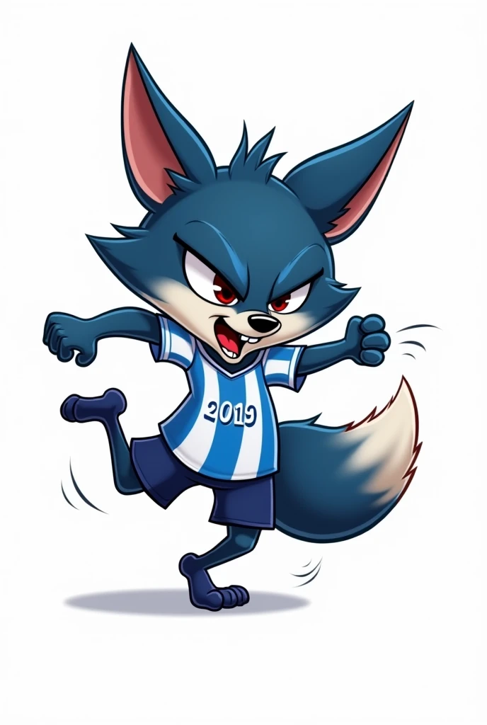  - Blue fox dribbling soccer 
- Fox:  dark blue fur with jersey 
- Jersey :  blue and white stripes , with number 2019 
- Expression :  angry and tricky . 
reason: close-up
Type :  cartoon 
white background
