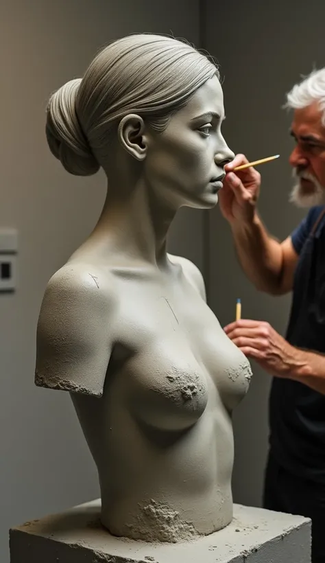  A beautiful latina woman with hairbun hair standing straight without expression is undergoing the process of becoming a bust sculpture in a museum,  half of her body is cast with cement to support , box-shaped , an old man is painting the part of the woma...