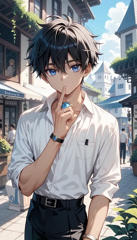 score_9, score_8_ up, score_7_ up,((8k)),1boy,blacl hair,dark blue eyes,Nagi-kun,(Petite), melancholic expression ,blue moonstone ring,Minimal, dress shirt