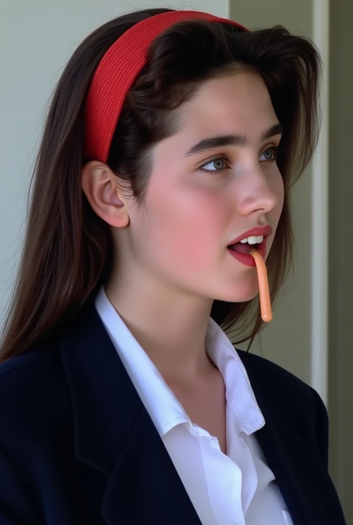 (very realistic photography),(masterpiece, best quality:1.3), 1girl, (alone), from just her side, her beautiful profile,
((young Jennifer Connelly)),(at age 15),
she wear in tidy dark blue high school blazer uniform and immaculate,  topless,  bare  breasts...