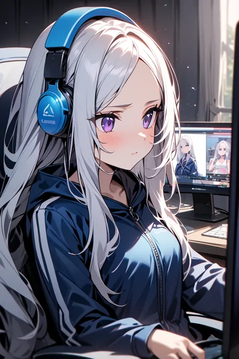  top quality,  super resolution, 1 woman,  cute , Long hair, Purple eyes, black eyes,  white hair , blue school swimming suit, Forehead visible,  sit in a chair, Staring at a computer, Live streaming,  headset , parted bang