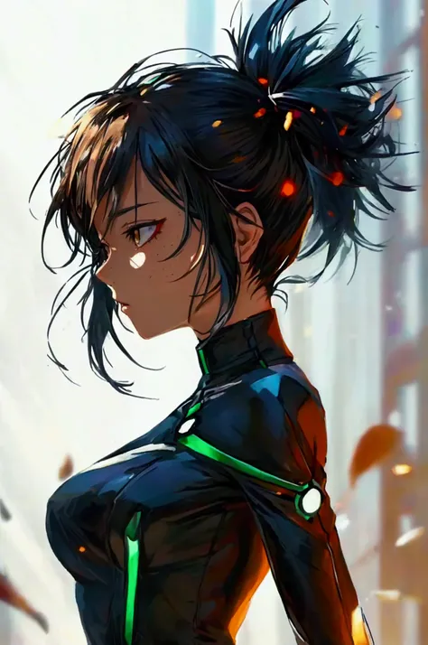  full body of Momo Yaoyorozu from the series My Hero Academia .,  She is wearing a pointed black ponytail .,  A fringe framing only on her right side of her face.,  and sharp black eyes that exuded intelligence .,  Her well-developed body .  anime style , ...