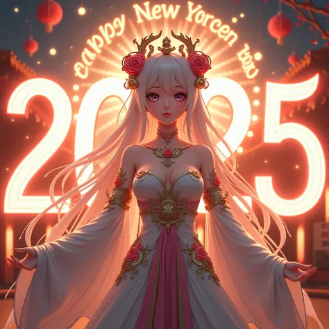 Anime Goddess standing front of a happy new year 2025 sign ,  High Resolution, Anatomically Correct, Best Quality, High Details, HD, 8k, 16k