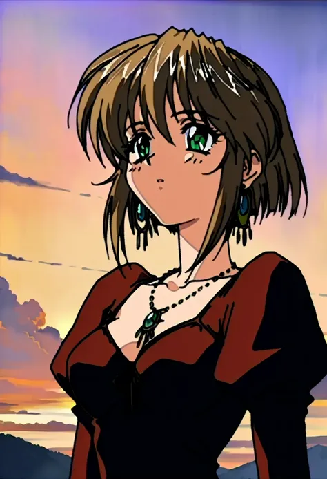 (((Best quality))), ((Ultra-detailed)), ((illustration)), ((frilld)), (1 girl),(Solo),1girl, cloud, cloudy sky, earrings, jewelry, necklace, sky, solo, brown hair, green eyes, short hair