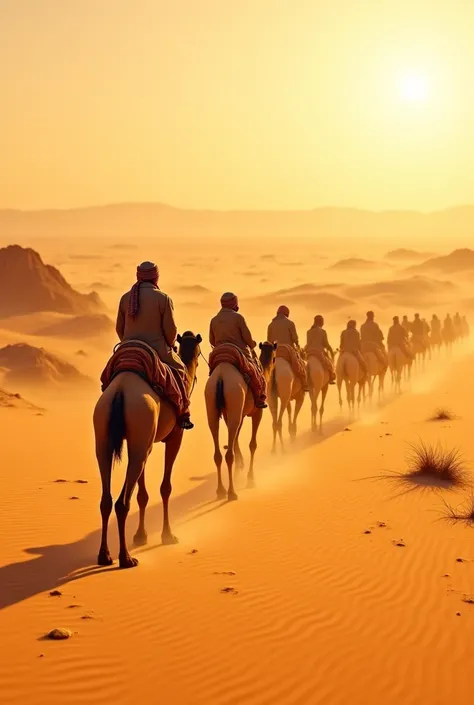 Travel with camels in the desert of the scorching sun, Arab 500 AD 