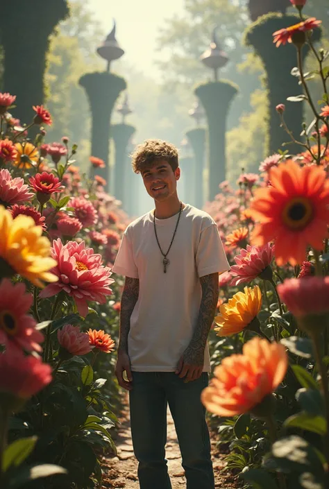 Justin Bieber is signing autographs for a crowd of flowers in a magical garden.