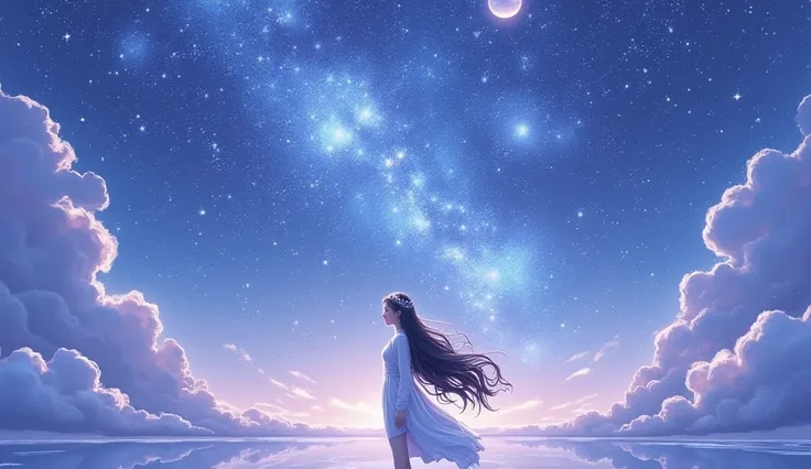 universe (sky), girl in the corner, con brillo estrellas en el sky, night, 1 black hair girl with crown, night sky, vast starry sky, outdoor, Alone , wide, looking at the stars ,moon