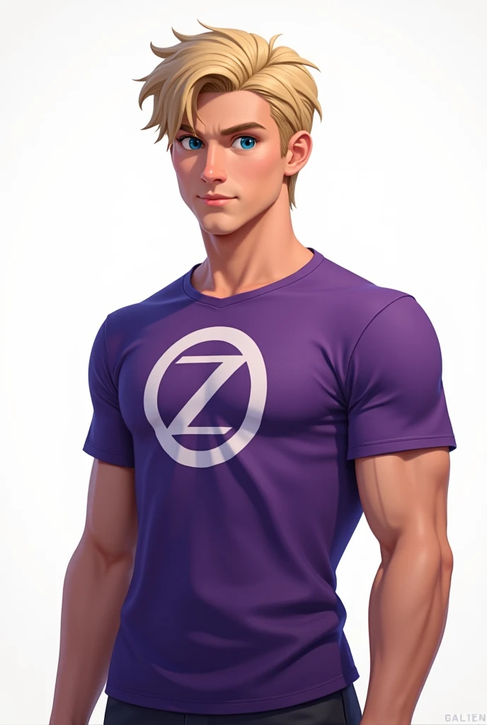 Jason Grace in purple t shirt (Son of Zeus in Heroes of Olympus) white background 