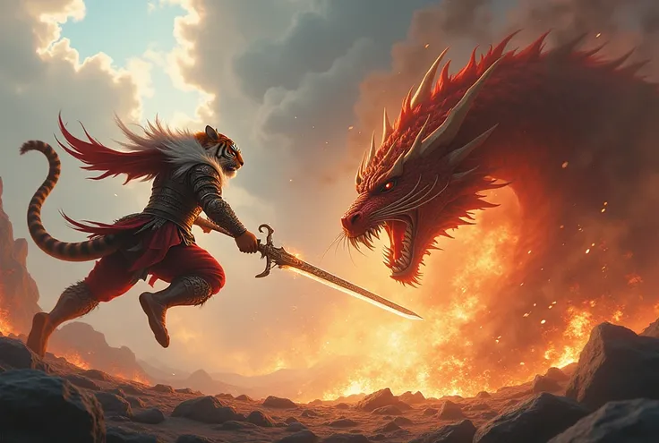 "The tiger warrior leaps into the air, slashing his enchanted sword at the dragons fiery breath. Sparks and flames collide, creating an intense explosion of light. The dragon roars in fury, swiping its massive claws as the warrior skillfully evades."