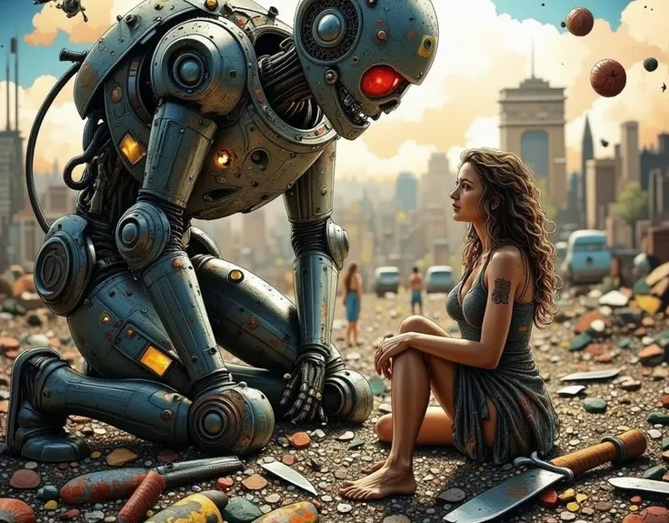 (masterpiece,top quality :1.2),(Paintings painted in faded colors),(broken Gladiator of the robot after the battle),(the robot lost lot of parts),(((short-circuit sparks))),the robot is kneel down in front of one human woman, (she is wearing shabby clothes...