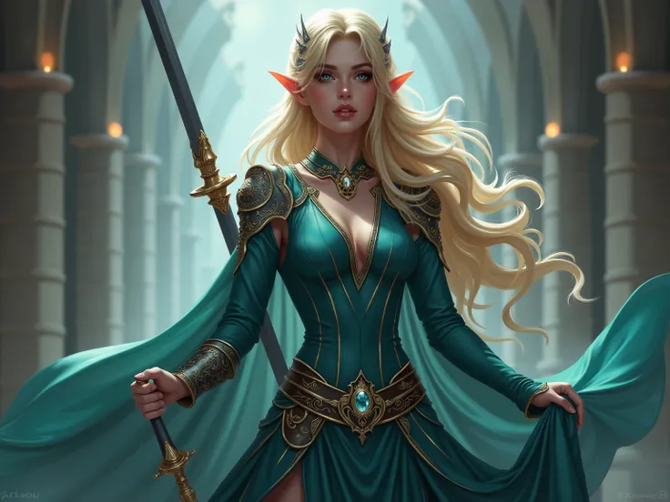 a woman in a blue dress with a green dress and a sword, hyperdetailed fantasy character, elf queen, succubus in tight short dress, alluring elf princess knight, elf girl, 8k high quality detailed art, beautiful elf with ornate robes, artgerm and wlop, elf ...