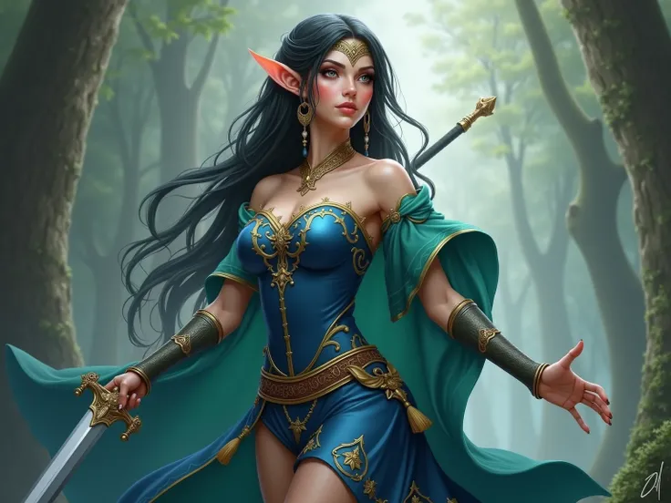 a woman in a blue dress with a green dress and a sword, hyperdetailed fantasy character, elf queen, succubus in tight short dress, alluring elf princess knight, elf girl, 8k high quality detailed art, beautiful elf with ornate robes, artgerm and wlop, elf ...