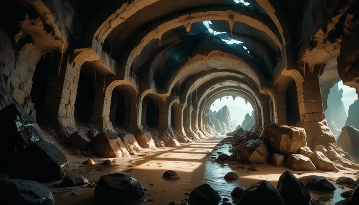 A wide-angle shot reveals the surreal interior of a cave, where jagged rocks jostle for attention among small streams of water that flow inexplicably upward.