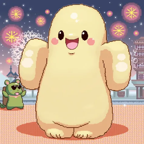   celebrating New Years、
 There is only one Moai statue 、
 celebrating New Year、
  cute Moai statue character with a cute anime-style touch  、
In Pokemon style、
In the background, Kadomatsu 、
I have a New Years gift、

