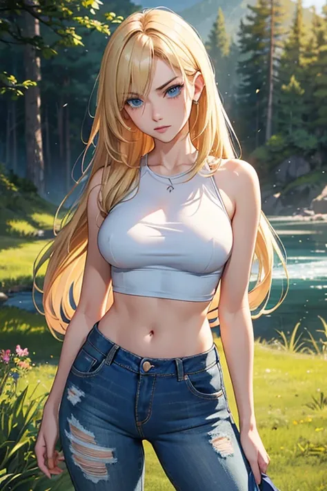  highest definition image quality 、4K、 super high res、 highest image quality taken by Ki、masterpiece、One person、 mature adult woman 。 European face 。Blonde、Straight Hair、Up to the waist、 long hair、Hair、 divided in the middle。 raised eyebrows 、 slender, sle...