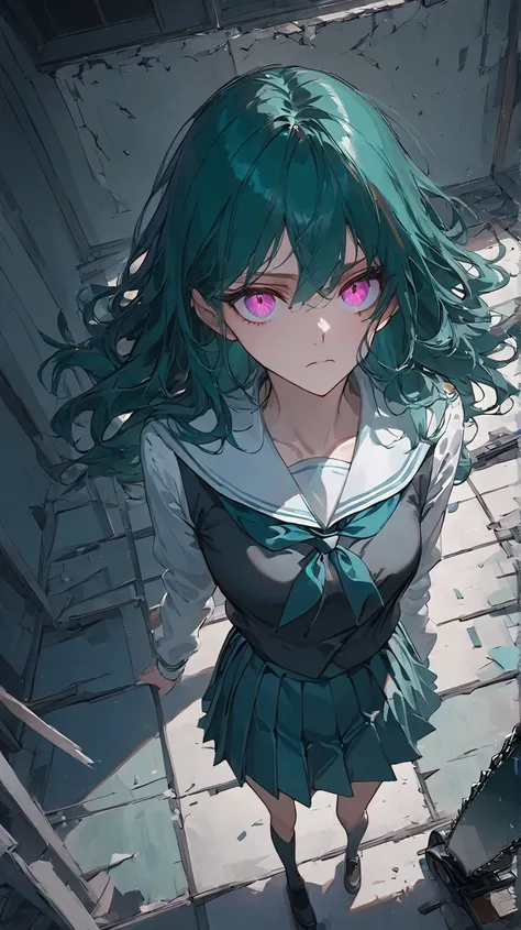 a woman with long wavy dark teal green hair, pink eyes, school uniform, chainsaw at the background, run away, ruin boarded classroom, look up, (((alone))), looked from behind above, 