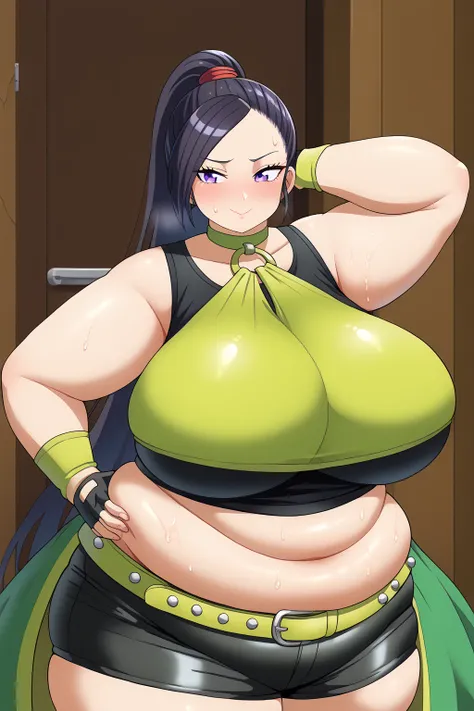 dragon_Quest martina , Martina、 long hair、 ponytail、 purple eyes、 black hair、 shoulder out、 ((( Yellow-green Crop Top, black tank top, yellow-green choker ,silver o-ring top , midriff,((boobs covered in clothes)),  black latex shorts , Yellow-green waist w...