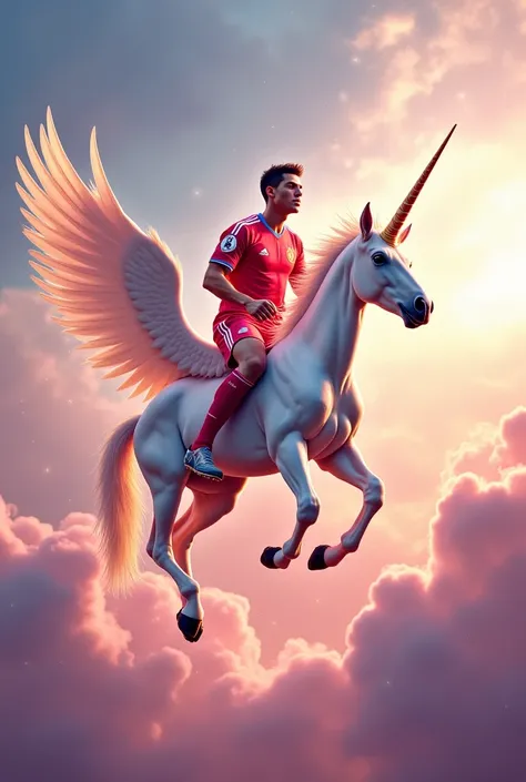 Cristiano Ronaldo flying a unicorn 