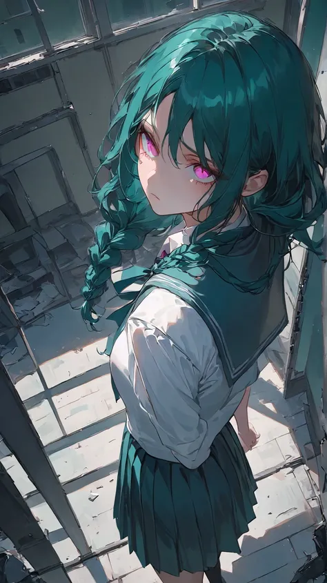 a woman with long wavy dark teal green hair, pink eyes, braid, school uniform, chainsaw at the background, run away, ruin boarded classroom, look up behind, (((alone))), looked from behind above, worried look