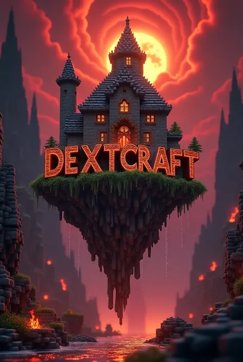 A 64x64 logo with the name is DEXTCRAFT with a medieval Minecraft theme on a floating island in the Neder 