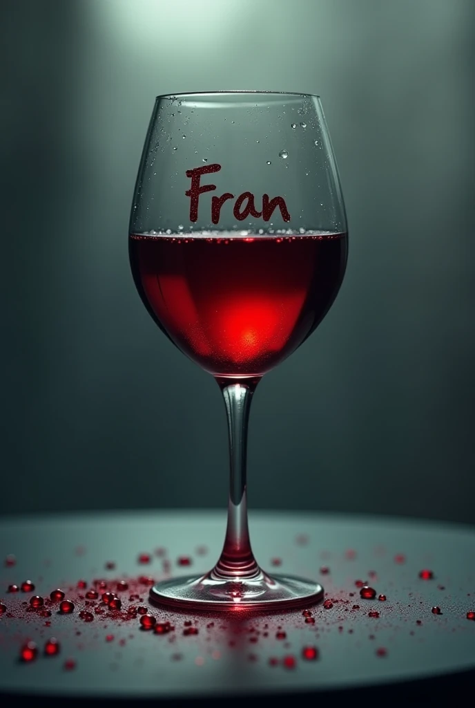 A glass of red wine with the name Fran with drops of tears